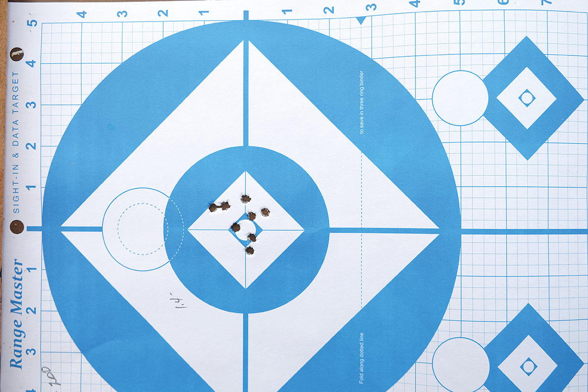 This 222 Remington 200-yard, eight-shot group measures 1.4 inches. Four shots used 50-grain Blitz bullets and 20 grains of Reloder 7 powder. The other group used the same powder charge with 50-grain spitzer softpoints.